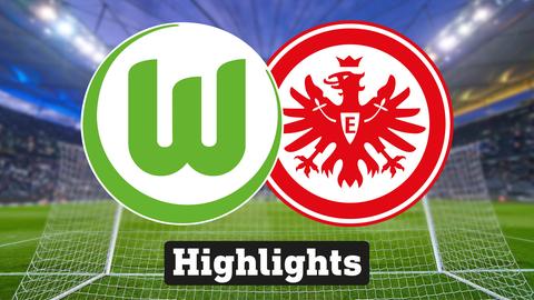 Im Hintergrund sieht man ein Fussballstadion, davor links das Logo vom VfL Wolfsburg  und rechts das Logo der Eintracht Frankfurt