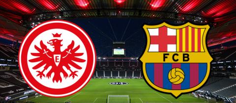 Die Wappen von Eintracht Frankfurt und dem FC Barcelona. Im Hintergund ist das Frankfurter Stadion zu sehen.