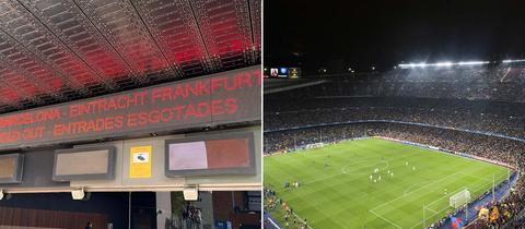 Bildkombination: Kassenhäuschen in Barcelona und Blick in das Stadion Camp Nou.
