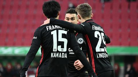 Rafael Borré, Jesper Lindström und Daichi Kamada jubeln regelmäßig bei der Eintracht.