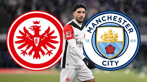 Omar Marmoush zwischen den Wappen von Eintracht Frankfurt und Manchester City