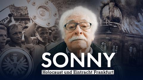 Eintracht-Original Sonny vor Bildern seiner Vergangenheit