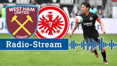 Makoto Hasebe am Ball, daneben sind die Logos von Eintracht Frankfurt und West Ham United eingeblendet.