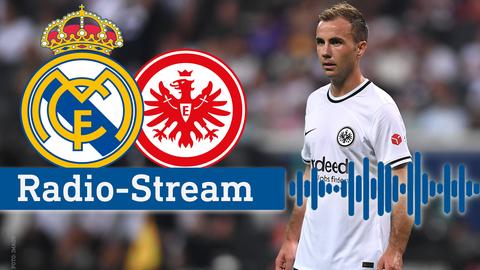 Mario Götze und die Logos von Real sowie Eintracht