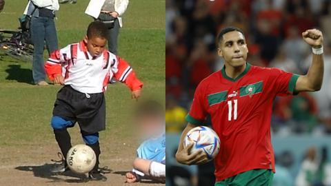 Links: Sabiri bei der WM in Katar. Rechts: Sabiri als kleiner Junge beim Fußballspielen.