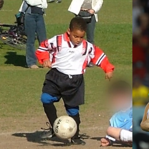 Links: Sabiri bei der WM in Katar. Rechts: Sabiri als kleiner Junge beim Fußballspielen.