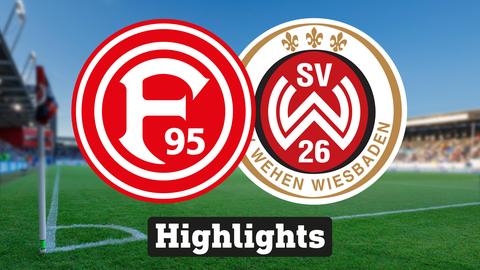 Im Hintergrund sieht man ein Fussballstadion, davor links das Logo von Fortuna Düsseldorf und rechts das Logo vom SV Wehen Wiesbaden