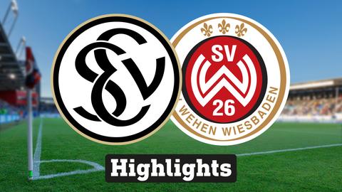 Im Hintergrund sieht man ein Fussballstadion, davor links das Logo vom SV Elversberg und rechts das Logo vom SV Wehen Wiesbaden