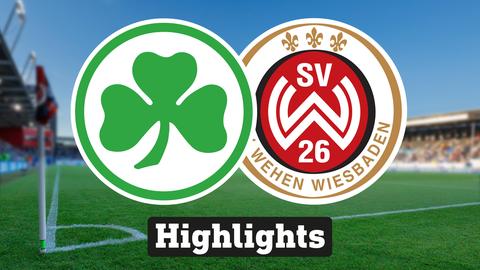 Im Hintergrund sieht man ein Fussballstadion, davor links das Logo von Greuther Fürth und rechts das Logo vom SV Wehen Wiesbaden