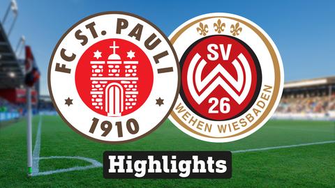 Im Hintergrund sieht man ein Fussballstadion, davor links das Logo von Hamburg St. Pauli und rechts das Logo vom SV Wehen Wiesbaden