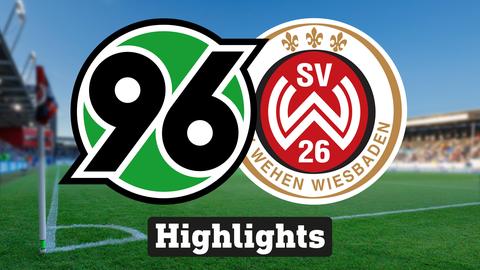 Im Hintergrund sieht man ein Fussballstadion, davor links das Logo von Hannover 96 und rechts das Logo vom SV Wehen Wiesbaden