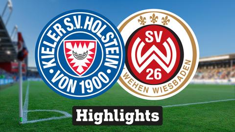 Im Hintergrund sieht man ein Fussballstadion, davor links das Logo vonHolstein Kiel und rechts das Logo vom SV Wehen Wiesbaden