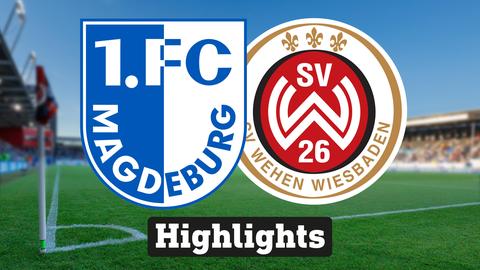 Im Hintergrund sieht man ein Fussballstadion, davor links das Logo vom 1. FC Magdeburg und rechts das Logo vom SV Wehen Wiesbaden