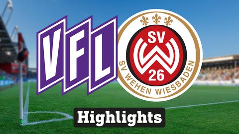 Im Hintergrund sieht man ein Fussballstadion, davor links das Logo vom VFL Osnabrück und rechts das Logo vom SV Wehen Wiesbaden