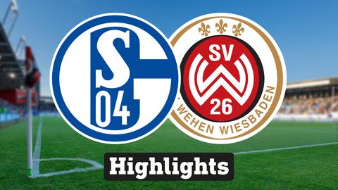 Im Hintergrund sieht man ein Fussballstadion, davor links das Logo vom FC Schalke 04 und rechts das Logo vom SV Wehen Wiesbaden