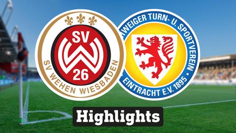 Im Hintergrund sieht man ein Fussballstadion, davor links das Logo vom SV Wehen Wiesbaden und rechts das Logo von Eintracht Braunschweig