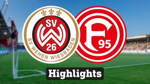 Im Hintergrund sieht man ein Fussballstadion, davor links das Logo vom SV Wehen Wiesbaden und rechts das Logo von Fortuna Düsseldorf