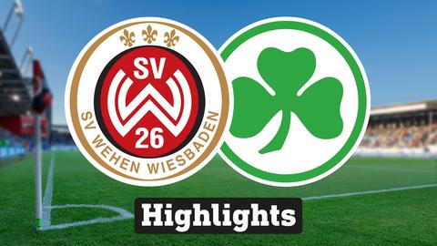 Im Hintergrund sieht man ein Fussballstadion, davor links das Logo vom SV Wehen Wiesbaden und rechts das Logo von Greuther Fürth