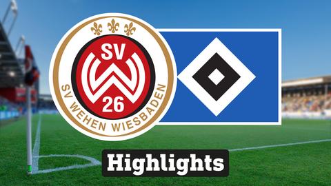Im Hintergrund sieht man ein Fussballstadion, davor links das Logo vom SV Wehen Wiesbaden und rechts das Logo vom Hamburger SV