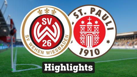Im Hintergrund sieht man ein Fussballstadion, davor links das Logo vom SV Wehen Wiesbaden und rechts das Logo von Hamburg St. Pauli