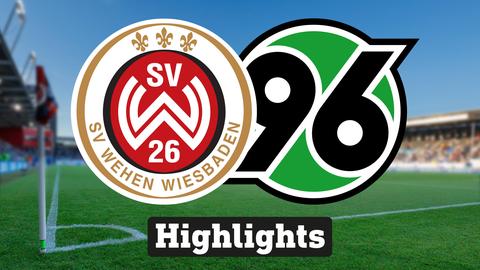 Im Hintergrund sieht man ein Fussballstadion, davor links das Logo vom SV Wehen Wiesbaden und rechts das Logo von Hannover 96