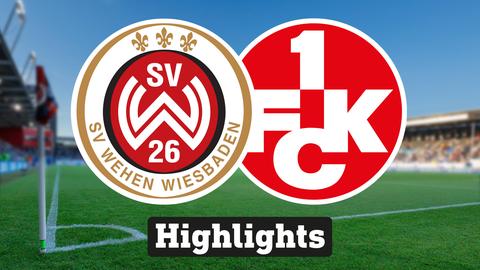 Im Hintergrund sieht man ein Fussballstadion, davor links das Logo vom SV Wehen Wiesbaden und rechts das Logo vom 1. FC Kaiserslautern
