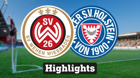Im Hintergrund sieht man ein Fussballstadion, davor links das Logo vom SV Wehen Wiesbaden und rechts das Logo von Holstein Kiel