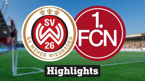 Im Hintergrund sieht man ein Fussballstadion, davor links das Logo vom SV Wehen Wiesbaden und rechts das Logo vom 1. FC Nürnberg