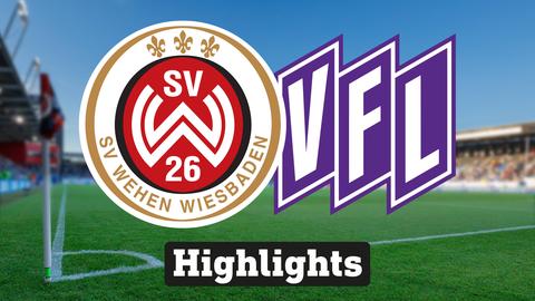 Im Hintergrund sieht man ein Fussballstadion, davor links das Logo vom SV Wehen Wiesbaden und rechts das Logo vom VFL Osnabrück