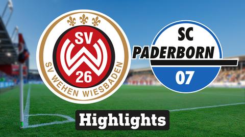 Im Hintergrund sieht man ein Fussballstadion, davor links das Logo vom SV Wehen Wiesbaden und rechts das Logo vom SC Paderborn