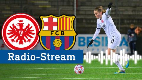 Im Hintergund ein Fußballerin im Stadion. Im Vordergrund zwei Logos der Vereine nebeneinander. Darunter eine Grafik mit "Radio-Stream" und wellenförmige Linien.