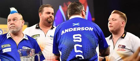 Von links: Peter Wright (Schottland), Gabriel Clemens (Deutschland), Gary Anderson (Schottland), Martin Schindler (Deutschland) 