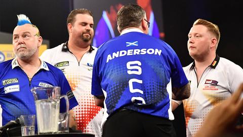 Von links: Peter Wright (Schottland), Gabriel Clemens (Deutschland), Gary Anderson (Schottland), Martin Schindler (Deutschland) 