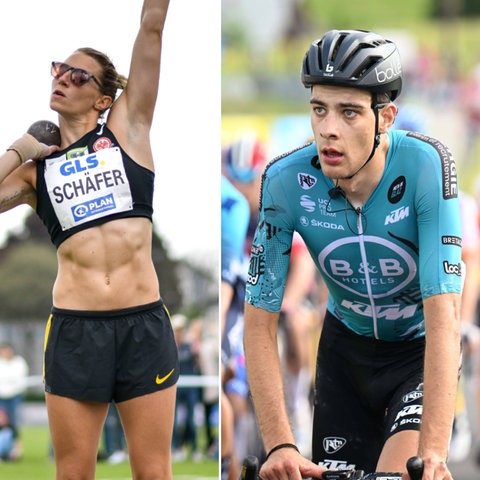 Collage: Siebenkämpferin Carolin Schäfer, Radfahrer Miguel Heidemann und Triathletin Lisa Tertsch