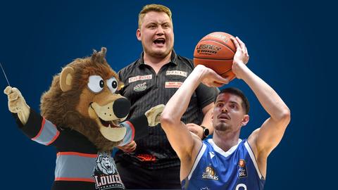 Collage mit dem Löwen-Maskottchen, Schindler und einem Skyliners-Spiel mit Basketball in den Händen