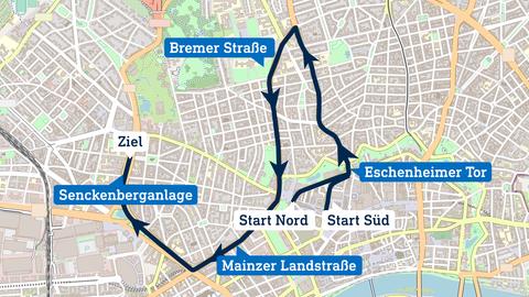 In einen Stadtplan von Frankfurt wurde der Streckenverlauf des JP Morgan Laufes eingezeichnet