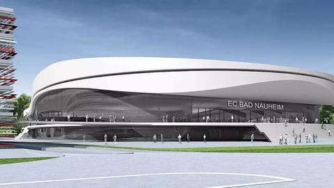 Das Bild zeigt einen Entwurf des neuen Eisstadions in Bad Nauheim. Groß, weiß, mit Treppen vor den Eingang.