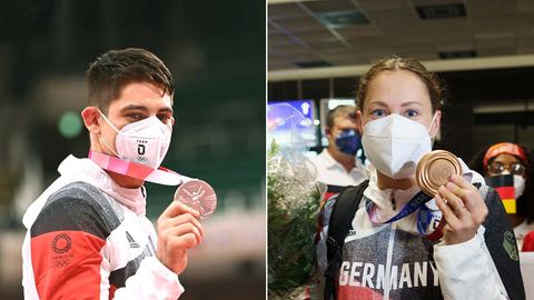Kombination von Zwei Fotos auf welchen links Eduard Trippel und rechts Sarah Köhler zu sehen sind, wie sie ihre Medaillen in die Kamera halten.