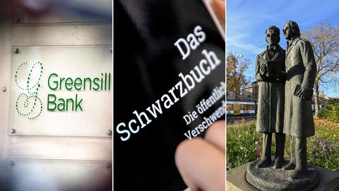 3er Kombo mit Schwarzbuch, Gebrüder-Grimm Denkmal in Kassel und der Greensill-Bank