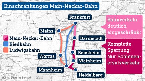 Karte mit Verortung der Strecken "Main-Neckar-Bahn", "Riedbahn" und "Ludwigsbahn". Die Strecke der Main-Neckar-Bahn ist zweifarbig eingefärbt.