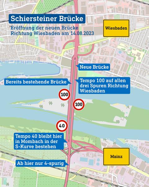Die Schiersteiner Brücke besteht jetzt aus zwei Brücken über den Rhein. Die neue Brücke (rechts) wird Sonntag eingeweiht. 