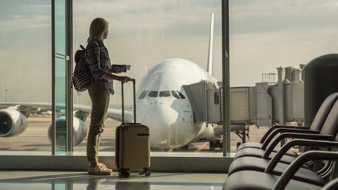 Flughafen, Frau wartet am Gate auf das Boarding mit einem Trolley in der Hand