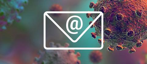 Mikroskopisches Bild eines Corona-Virus mit der Beschriftung "Corona-Newsletter" und einem Briefumschlag-Icon.
