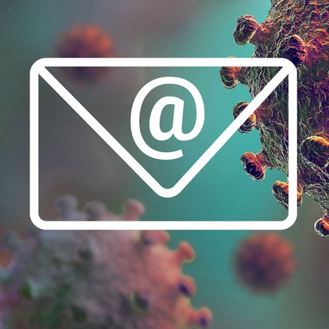 Mikroskopisches Bild eines Corona-Virus mit der Beschriftung "Corona-Newsletter" und einem Briefumschlag-Icon.
