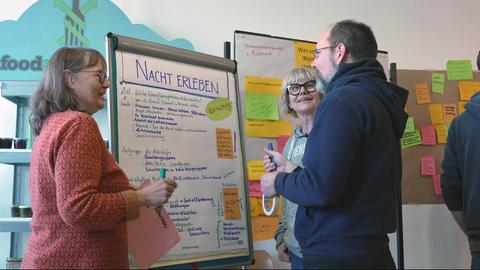 Drei Menschen vor Whiteboards