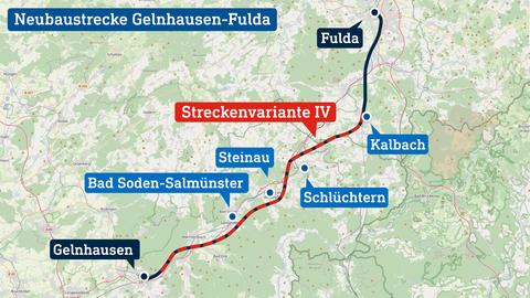 Eine Ausschnitt einer Landkarte von Hessen. Zwischen den Orten Gelnhausen und Kalbach ist die Route einer Bahn Neubaustrecke verzeichnet