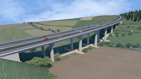 Eine Computer-Simulation eines Neubau einer Autobahnbrücke.