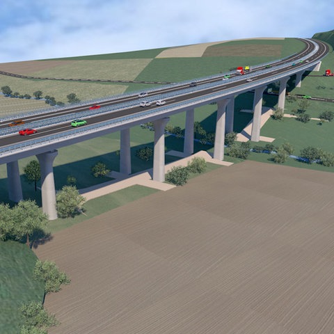 Eine Computer-Simulation eines Neubau einer Autobahnbrücke.