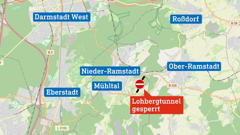 Eine Karte von Darmstadt-West bis Rohrbach zeigt, wo sich der gesperrte Lohbachtunnel befindet