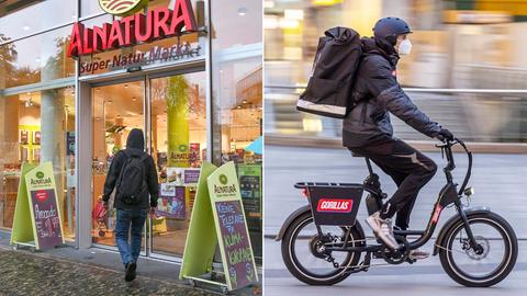 Bildkombination aus zwei Fotos: links ein Alnatura-Markt von außen, rechts ein Fahrradkurier-Dienst mit der Aufschrift "Gorillas".